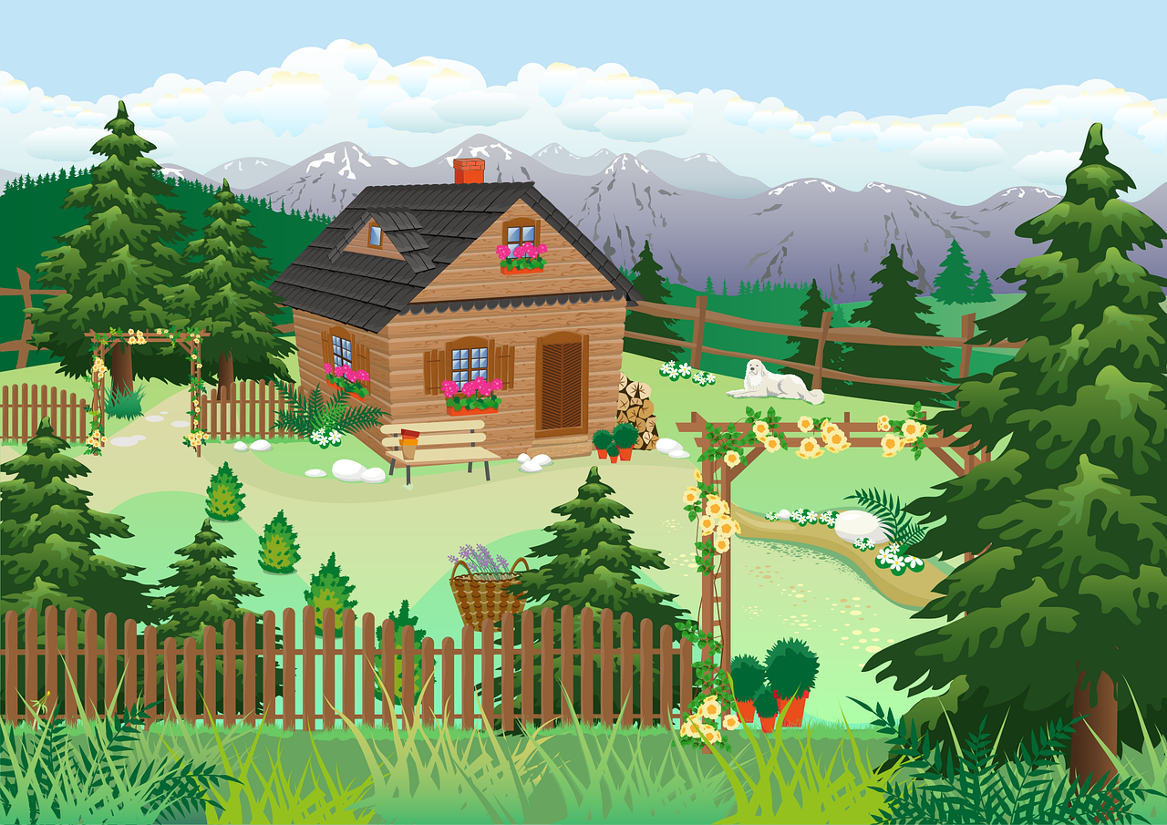 chalet, mountains, summer, holiday, landscape, vacation, garden, grass, conifer, spruce, cabin, hut, cottage, hillside, rural, remote, wooden house, nature, timber house, cosy, forest